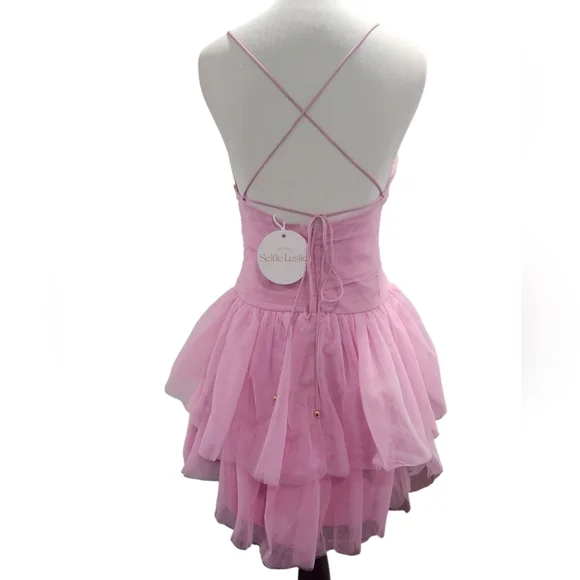 Selfie Leslie Nightingale Ruched Mesh Mini Dress Barbie Pink - Picture 6 of 6